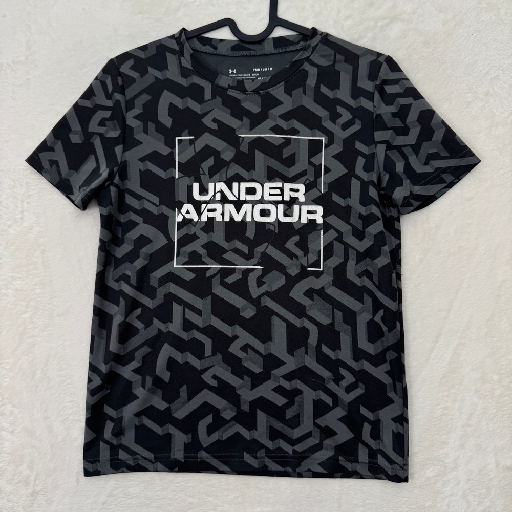 Under Armour T-Shirt Boys YMD Black Grey HeatGear‎ Geometric Maze Loose Fit Tee